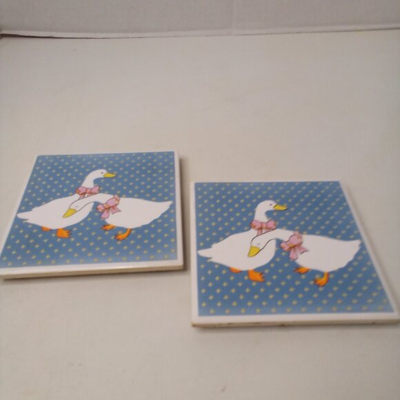 Vintage Ceramic Tile Trivet Coaster Geese 80s Blue White Lot of 2 - Picture 2 of 10